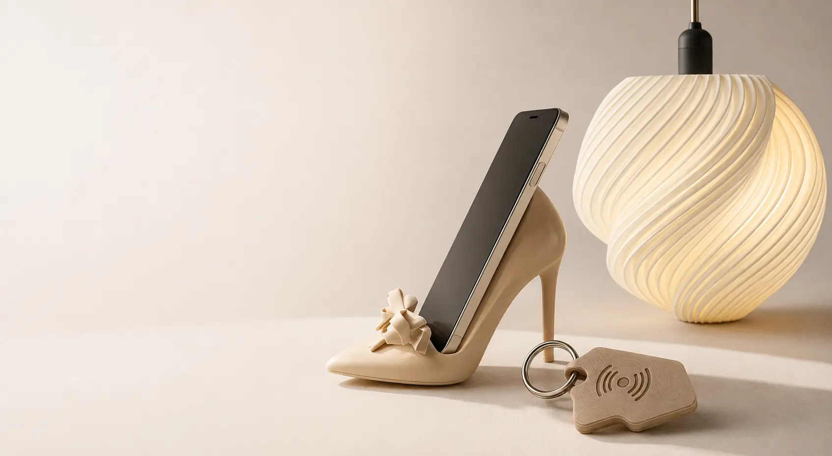 Composição de produtos Feitora: suporte de celular em forma de salto, luminária espiral e chaveiro com NFC