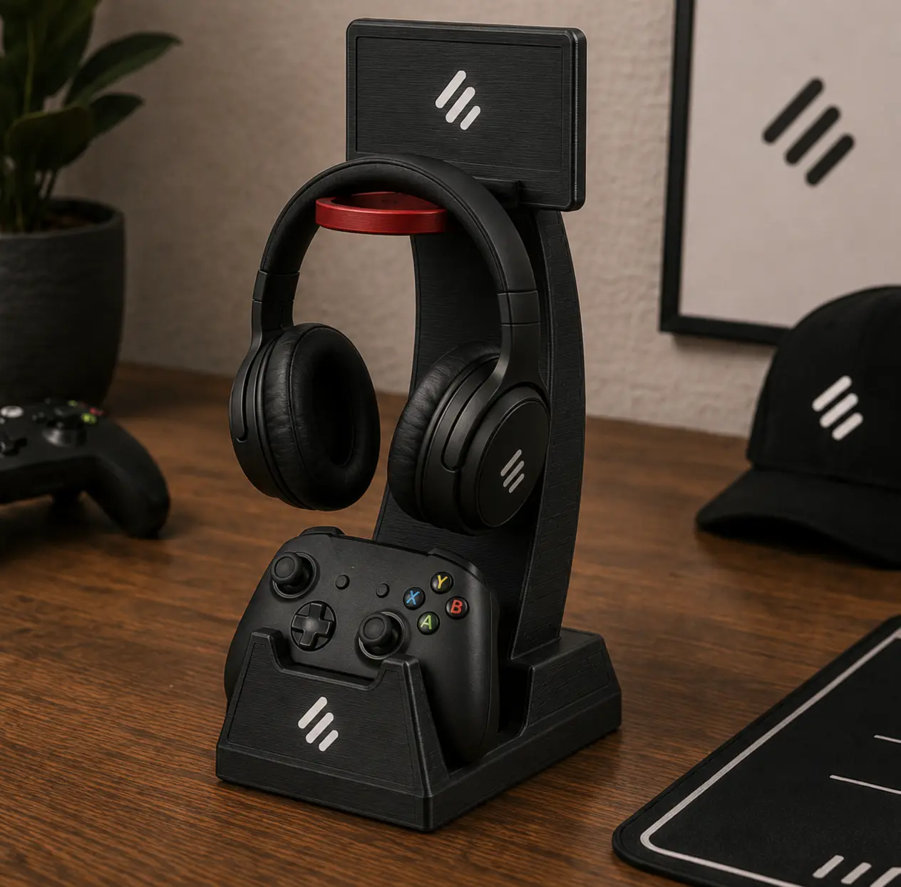 Suporte de fone e controle em uso em setup de mesa