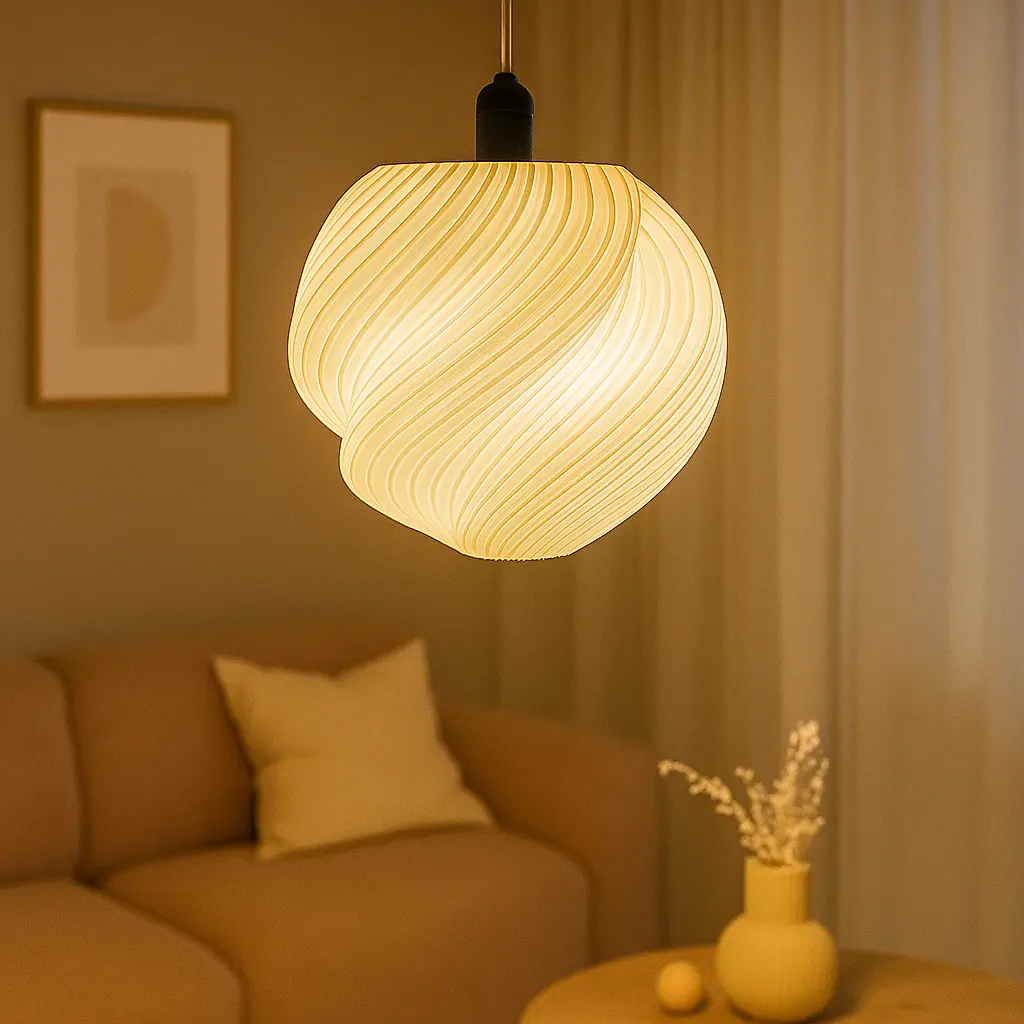 Luminária pendente em espiral acesa em ambiente residencial